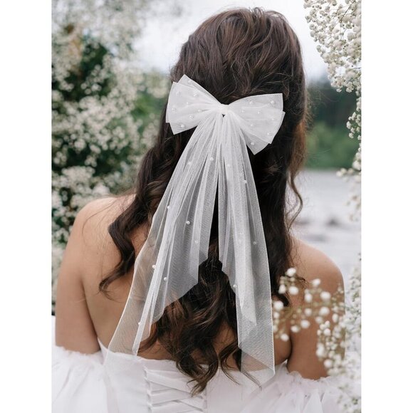 🆕 Women White Bridal Hair Bow Veil Bow Clip Bachelorette Accessories - Picture 7 of 9